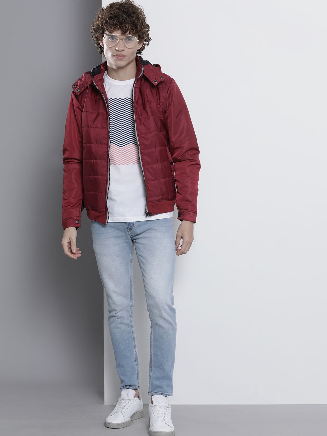 The Indian Garage Co Men Slim Fit Puffer Jacket with Detachable Hood