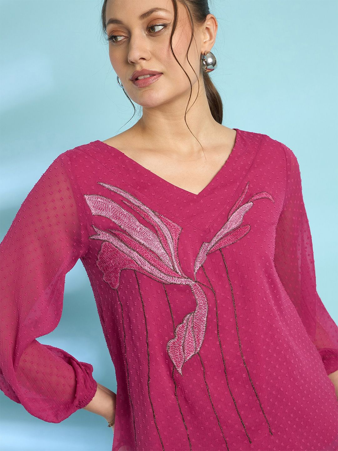 Antheaa Embroidered Dobby Weave Chiffon Top