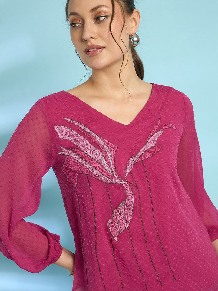 Antheaa Embroidered Dobby Weave Chiffon Top