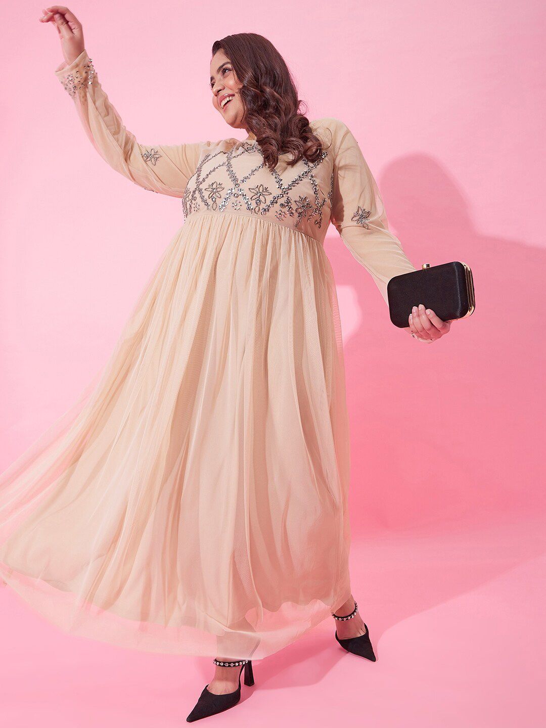 CURVY STREET Embellished Fit & Flare Net Dress