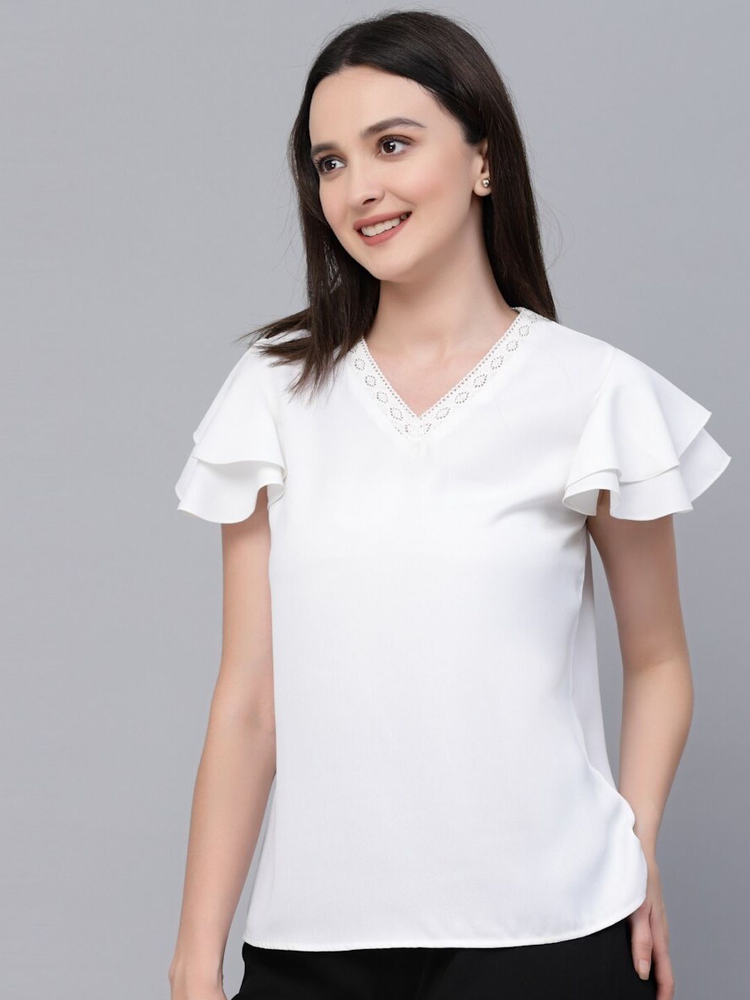 Style Quotient V-Neck Flutter Sleeves Blouson Top