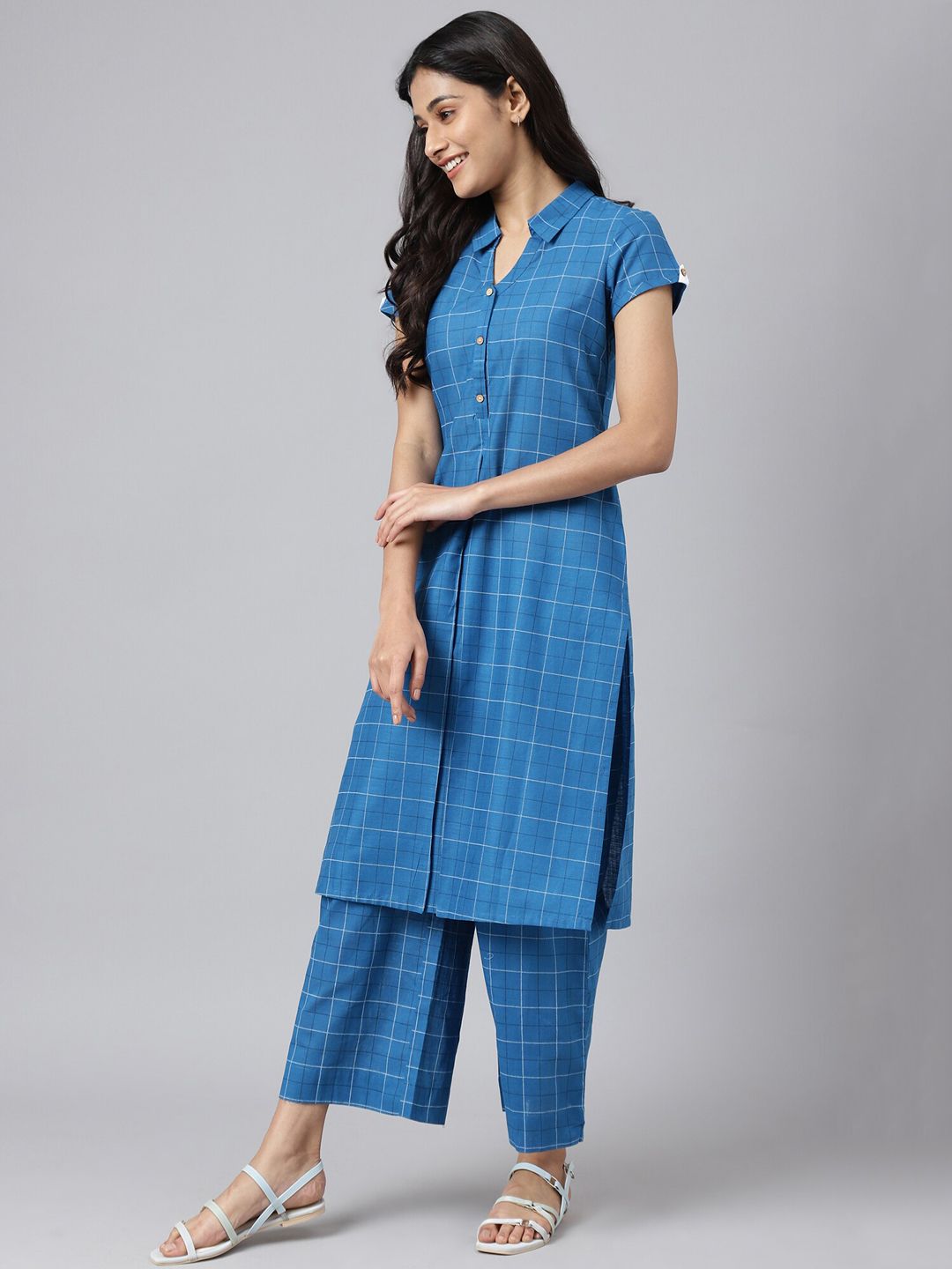 AURELIA Women Blue Checked Keyhole Neck Kurta