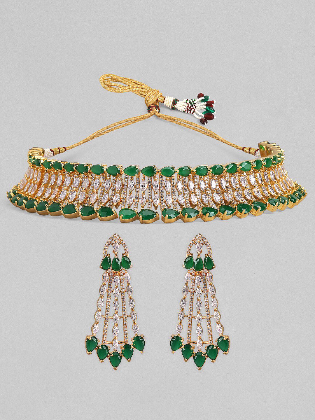 Rubans 22K Gold-Plated Crystal Emerald & White CubicZiicronia Studded Choker Jewellery Set