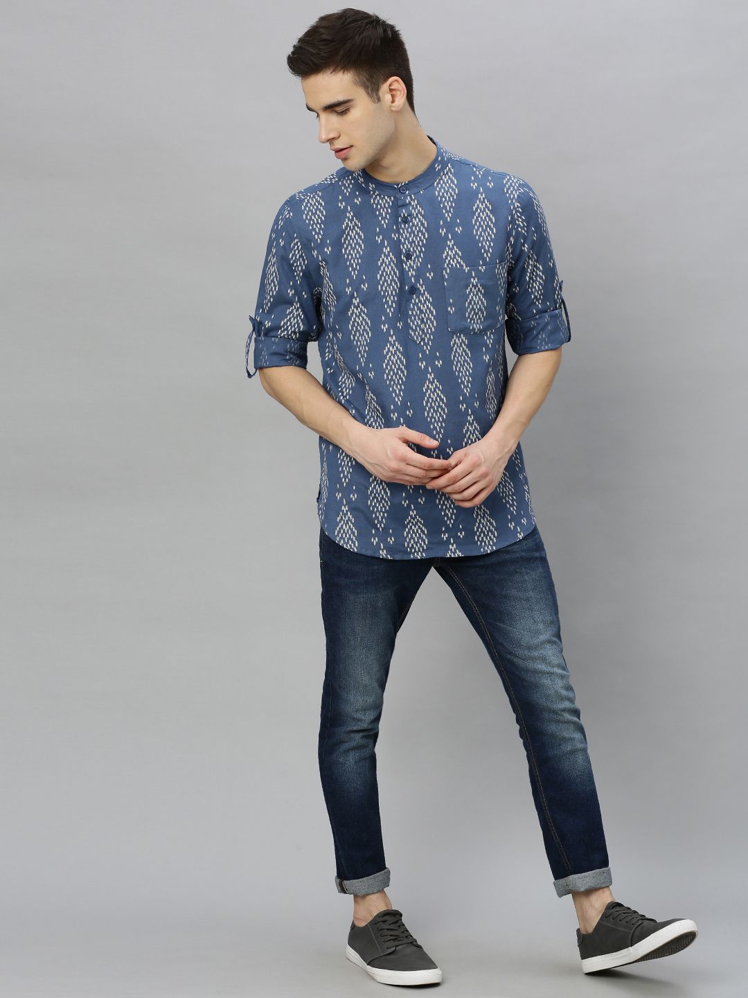Anouk Men Navy Blue & Off-White Printed Straight Short Kurta
