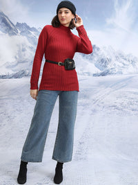 Tokyo Talkies Ribbed High Neck Embellished Detail Acrylic Pullover
