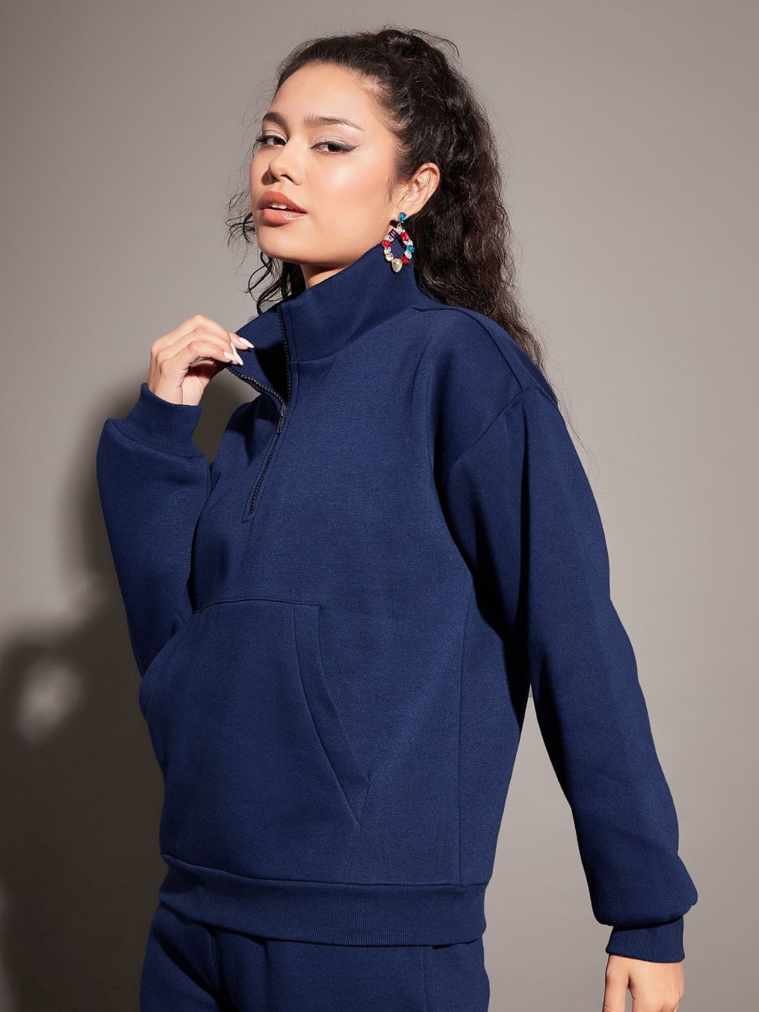 SASSAFRAS Navy Blue Mock Collar Sweatshirt