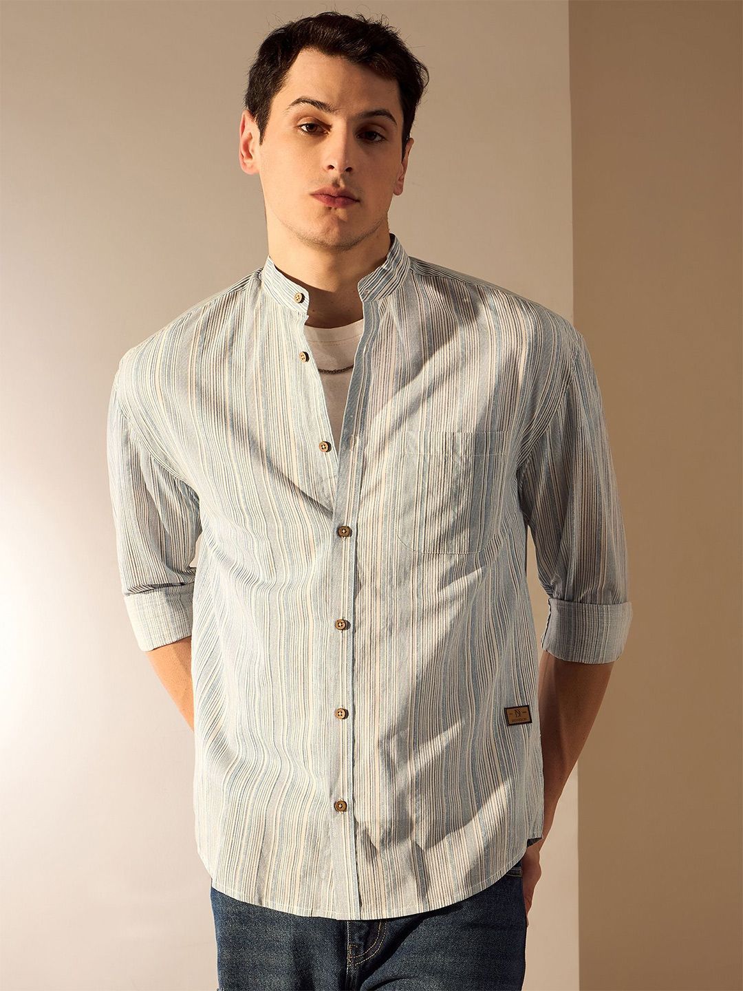 DENNISON Men Aspect Striped Mandarin Collar Oversized Shirt