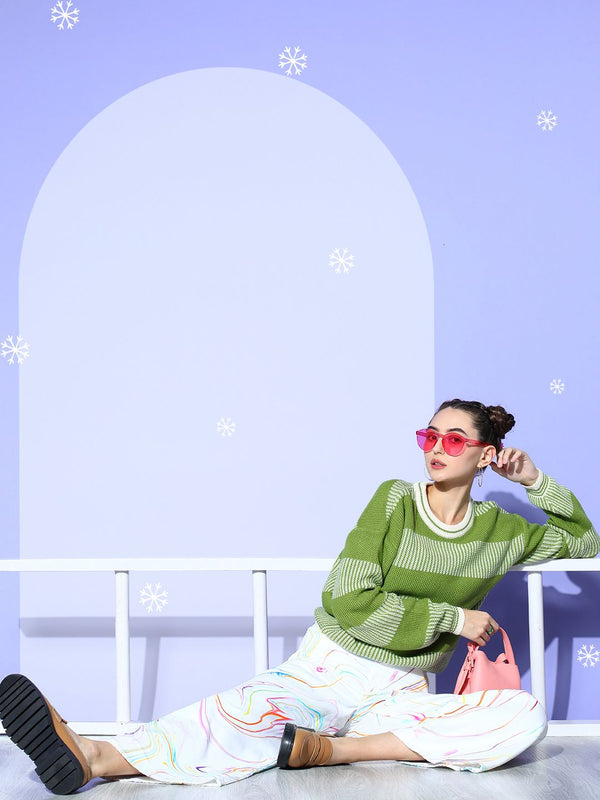 Berrylush Women Green Striped Knits Bits Sweater