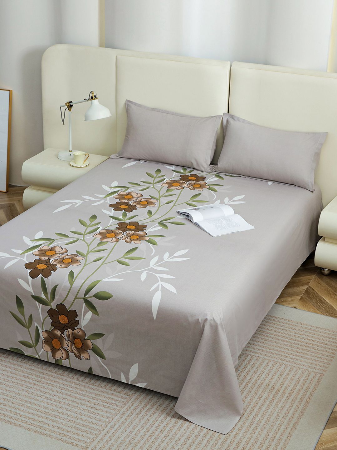 Story@home Taupe Brown Floral 210 TC 1 Double Bedsheet with 2 Pillow Covers