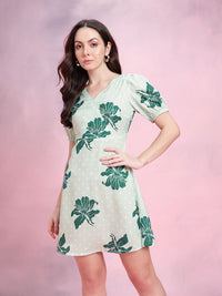DressBerry Floral Print Puff Sleeves Wrap-Style Satin A-Line Dress