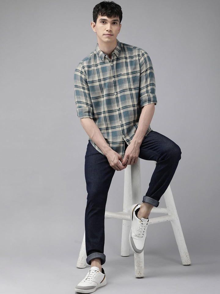 THE BEAR HOUSE Men Blue Slim Fit Tartan Checked Cotton Casual Shirt