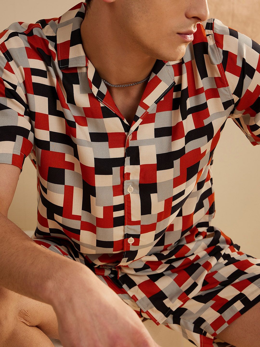 DENNISON The Vacay Mode Geometric Printed Shirt-Collar Shirt With Shorts