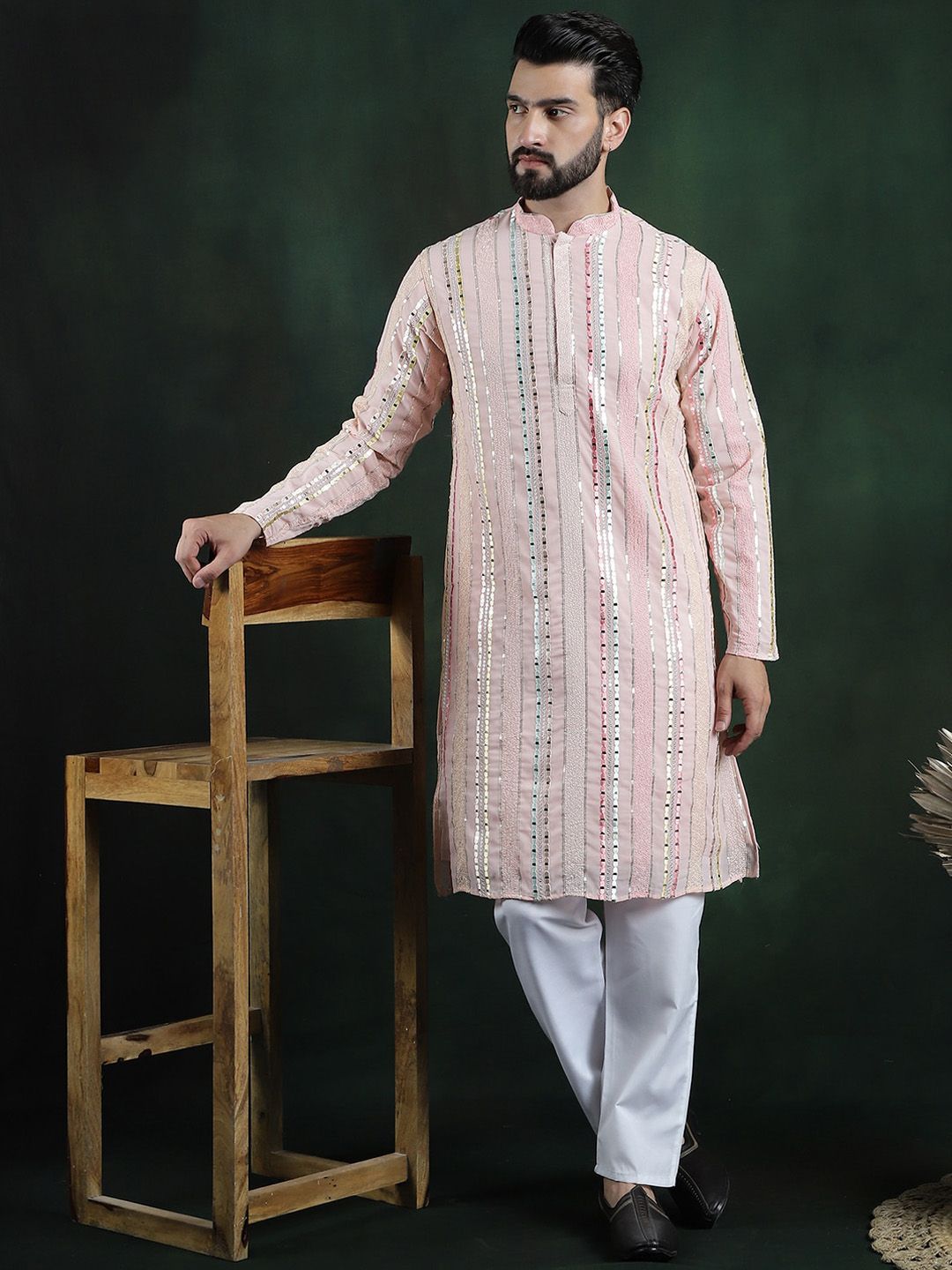 SOJANYA LUXE Kurta Kolar Mandarin Lengan Panjang Sulam Biasa dengan Piyama