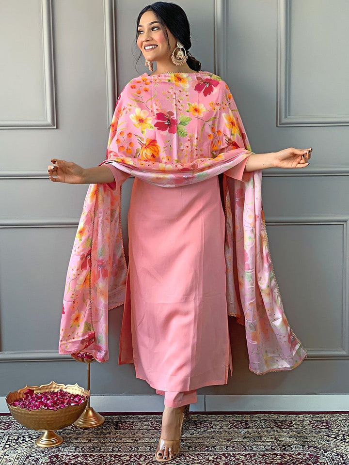 KALINI Floral Yoke Design Regular Straight Kurta With Trousers & Dupatta