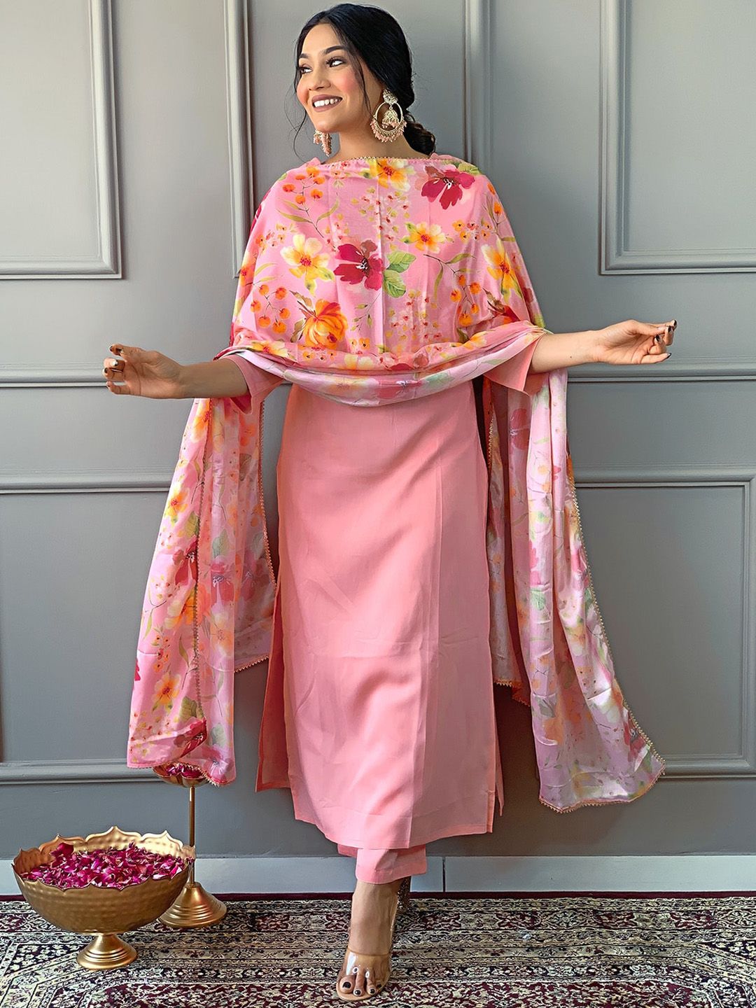 KALINI Floral Yoke Design Regular Straight Kurta With Trousers & Dupatta