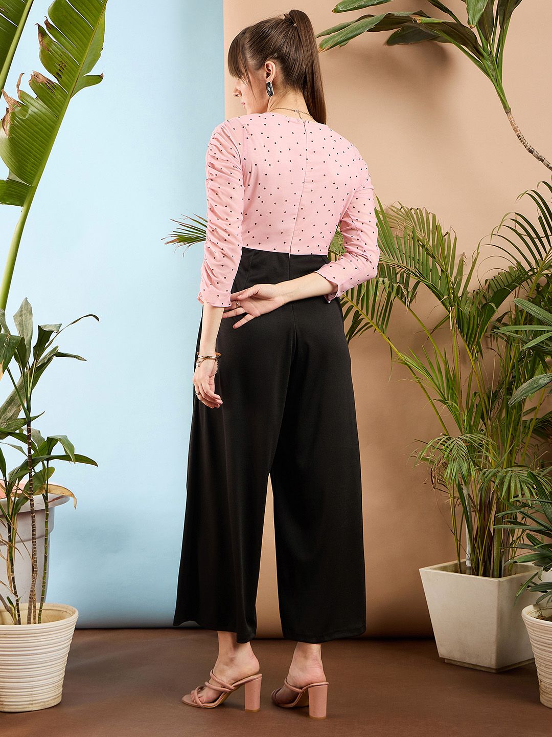 SASSAFRAS Peach-Coloured and Black Colourblocked Smocked Jumpsuit