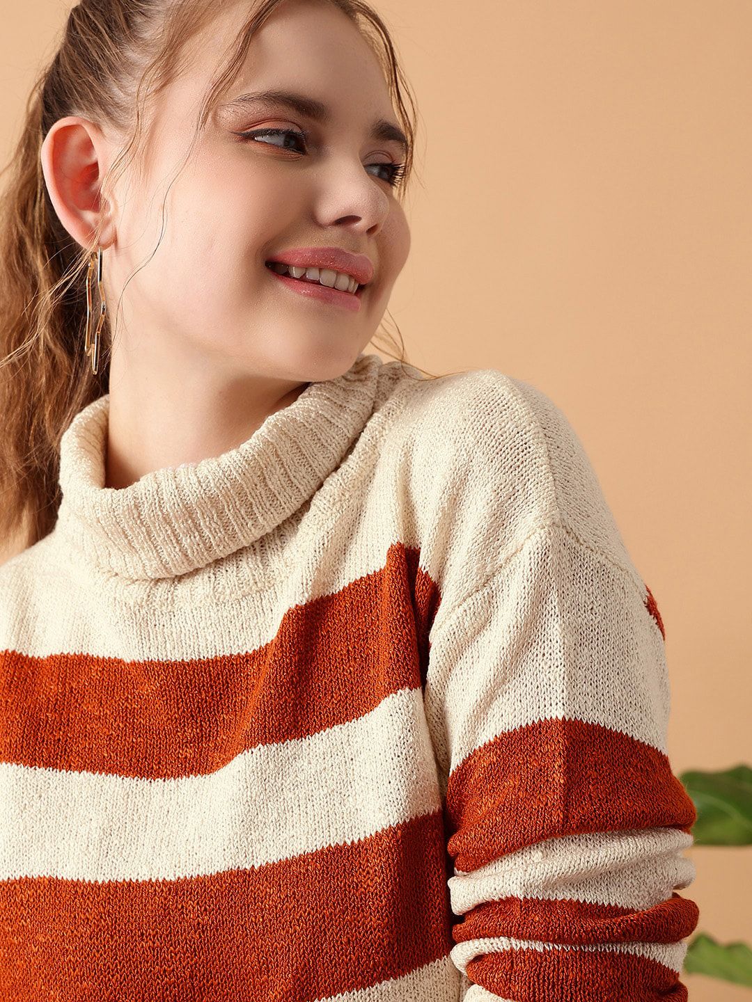 STREET 9 Striped Turtle Neck Crop Acrylic Pullover Sweater