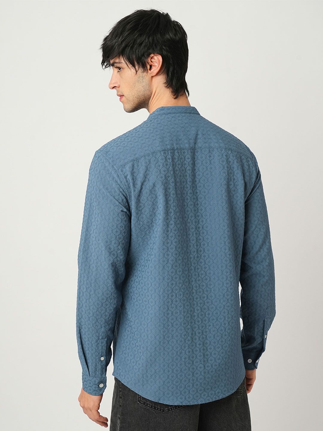 VASTRADO Men Classic Band Collar Textured Slim Fit Casual Shirt
