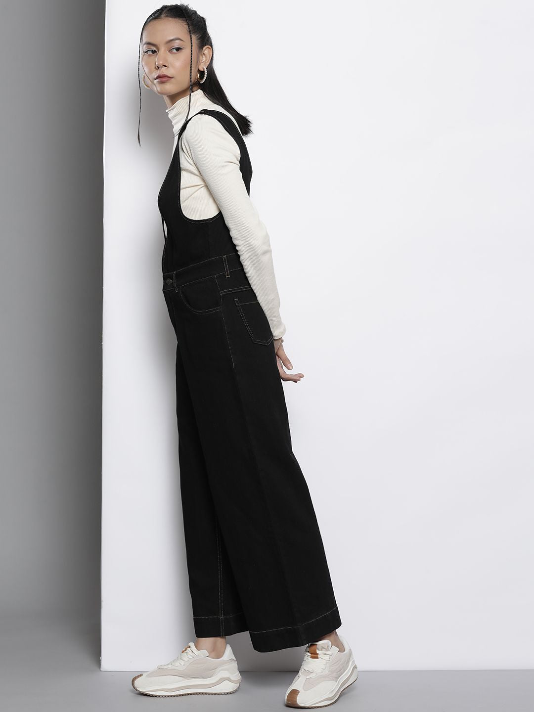 SASSAFRAS Black Deep V-Neck Cotton Denim Flared Leg Jumpsuit