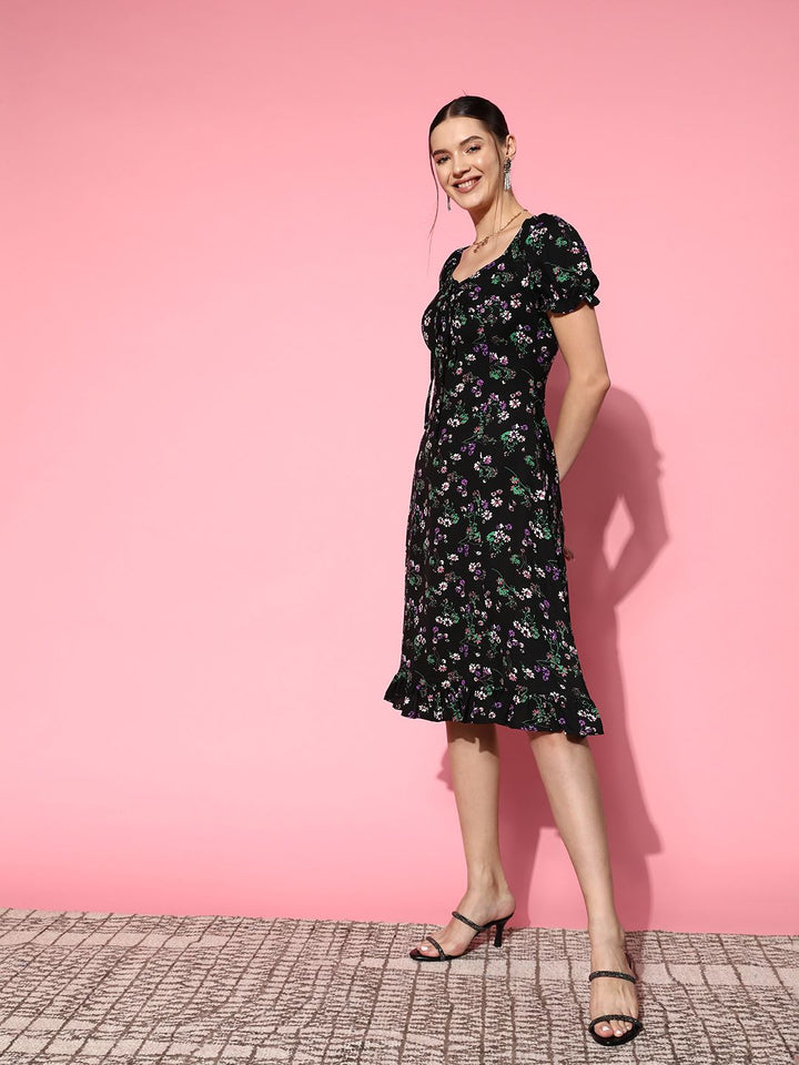 Berrylush Floral Crepe A-Line Midi Dress