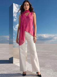 Mamicha Women's Pink Abstract Print V-Neck Sleeveless Top with Asymmetric Hem & Scarf