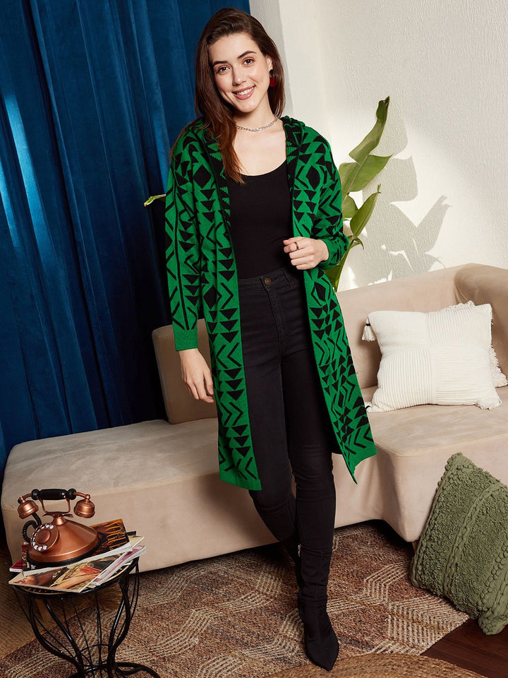 Berrylush Printed Longline Front Open Hooded Acrylic Sweater