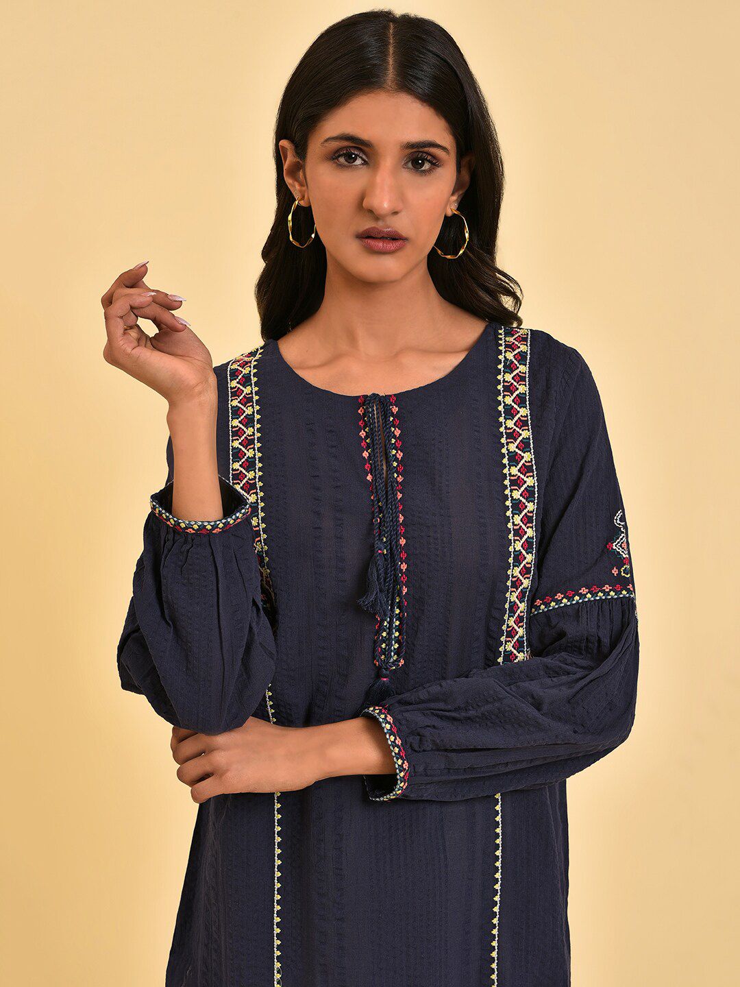 W Ethnic Motifs Embroidered Tie-Up Neck Cuffed Sleeve Cotton Regular Top