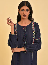 W Ethnic Motifs Embroidered Tie-Up Neck Cuffed Sleeve Cotton Regular Top