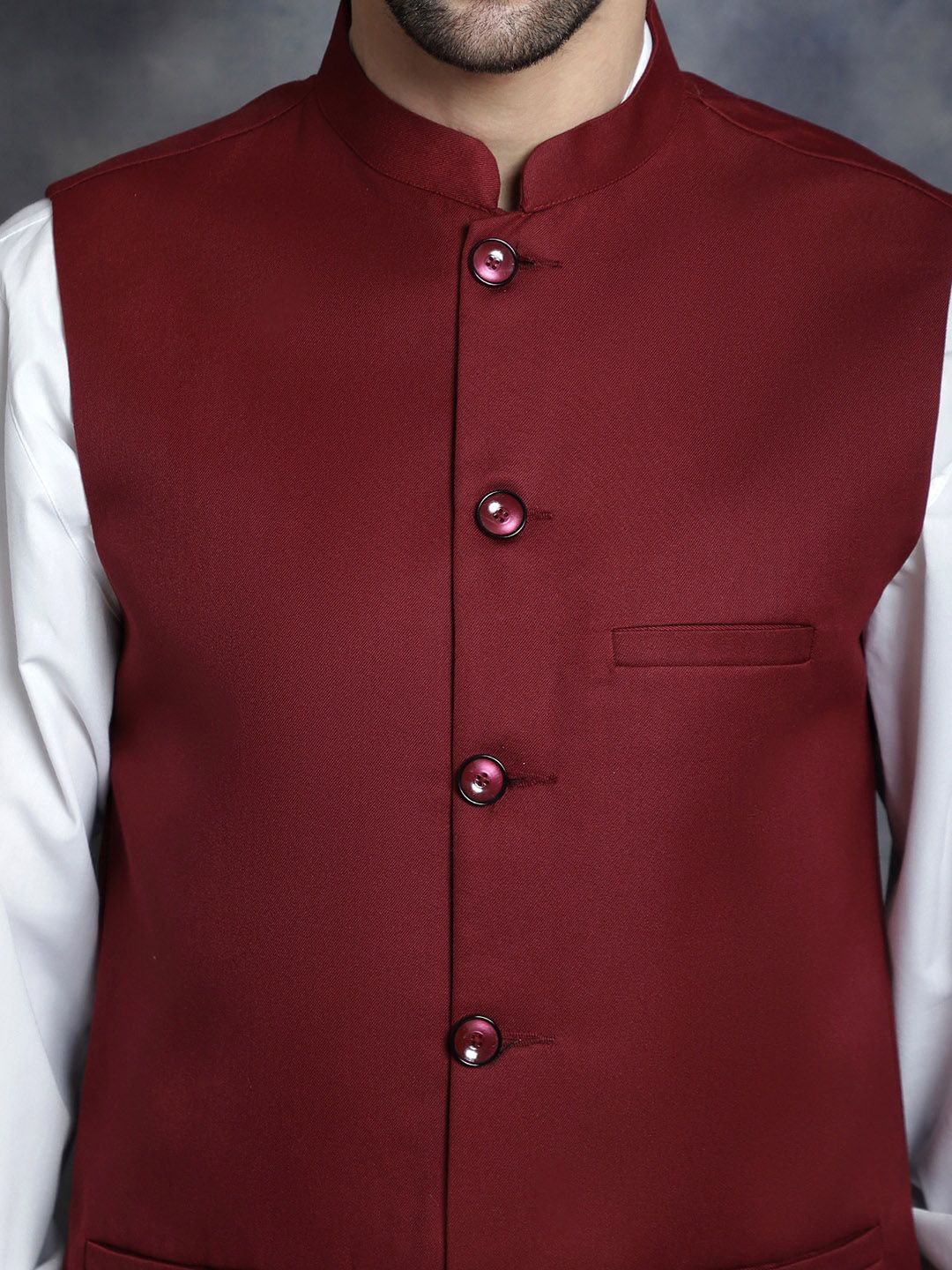 Anouk Maroon Mandarin Collar Woven Nehru Jacket