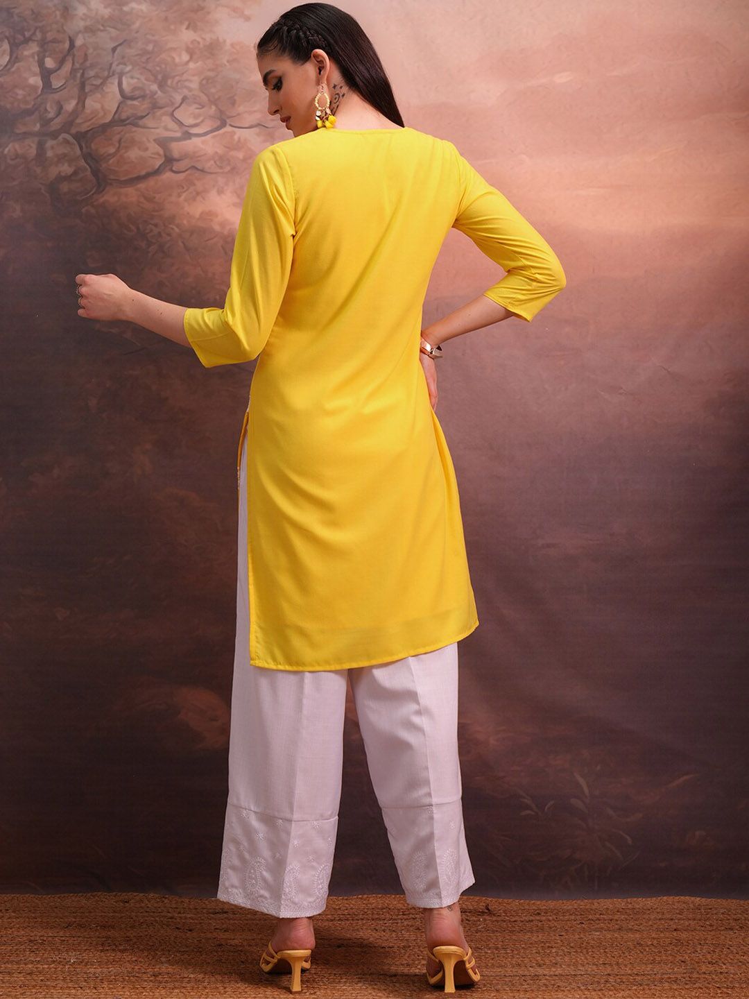 Vishudh Yellow Floral Embroidered Straight Kurta