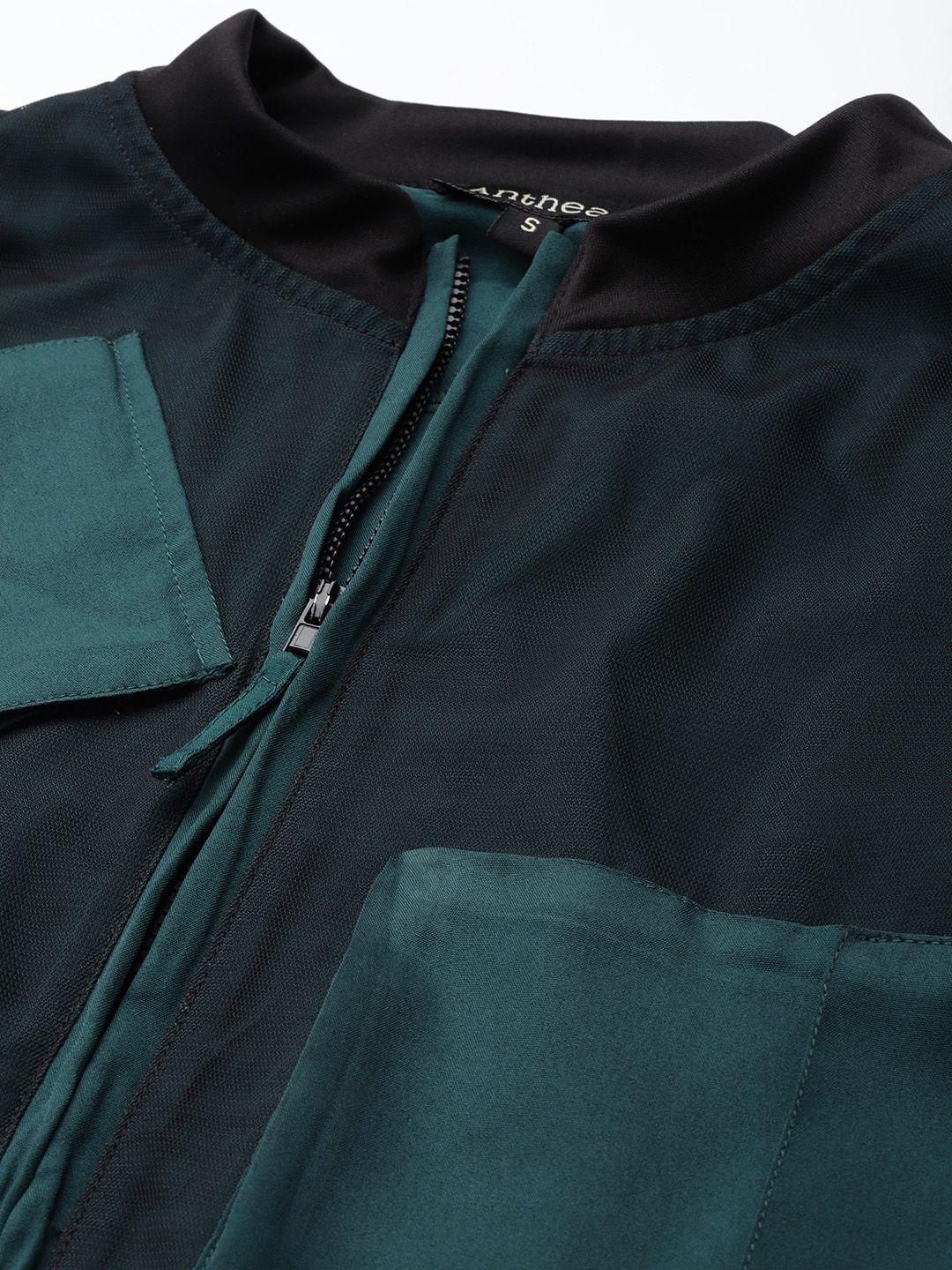 Antheaa Women Black & Teal Green Colourblocked Jacket