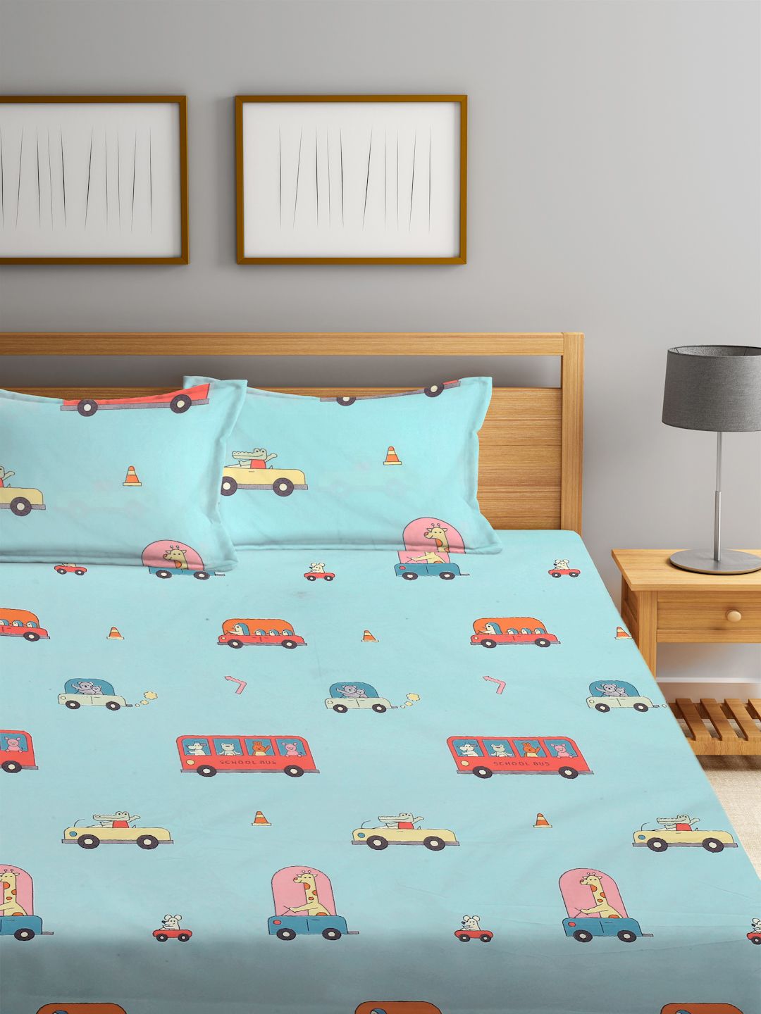 KLOTTHE Blue & Red Printed 300 TC Fitted Double King Bedsheet with 2 Pillow Covers