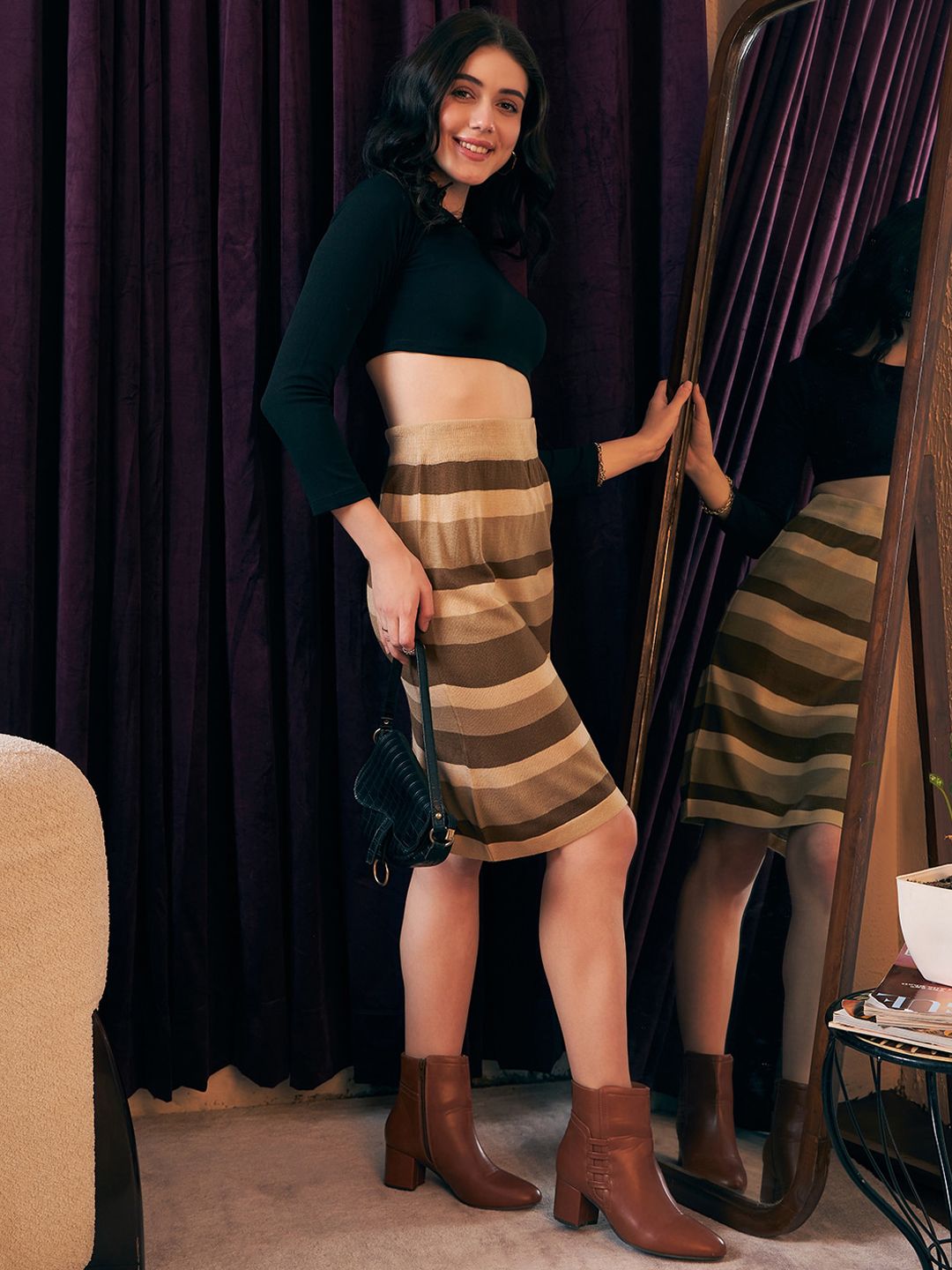 Berrylush Striped Pencil Acrylic Knee Length Skirt