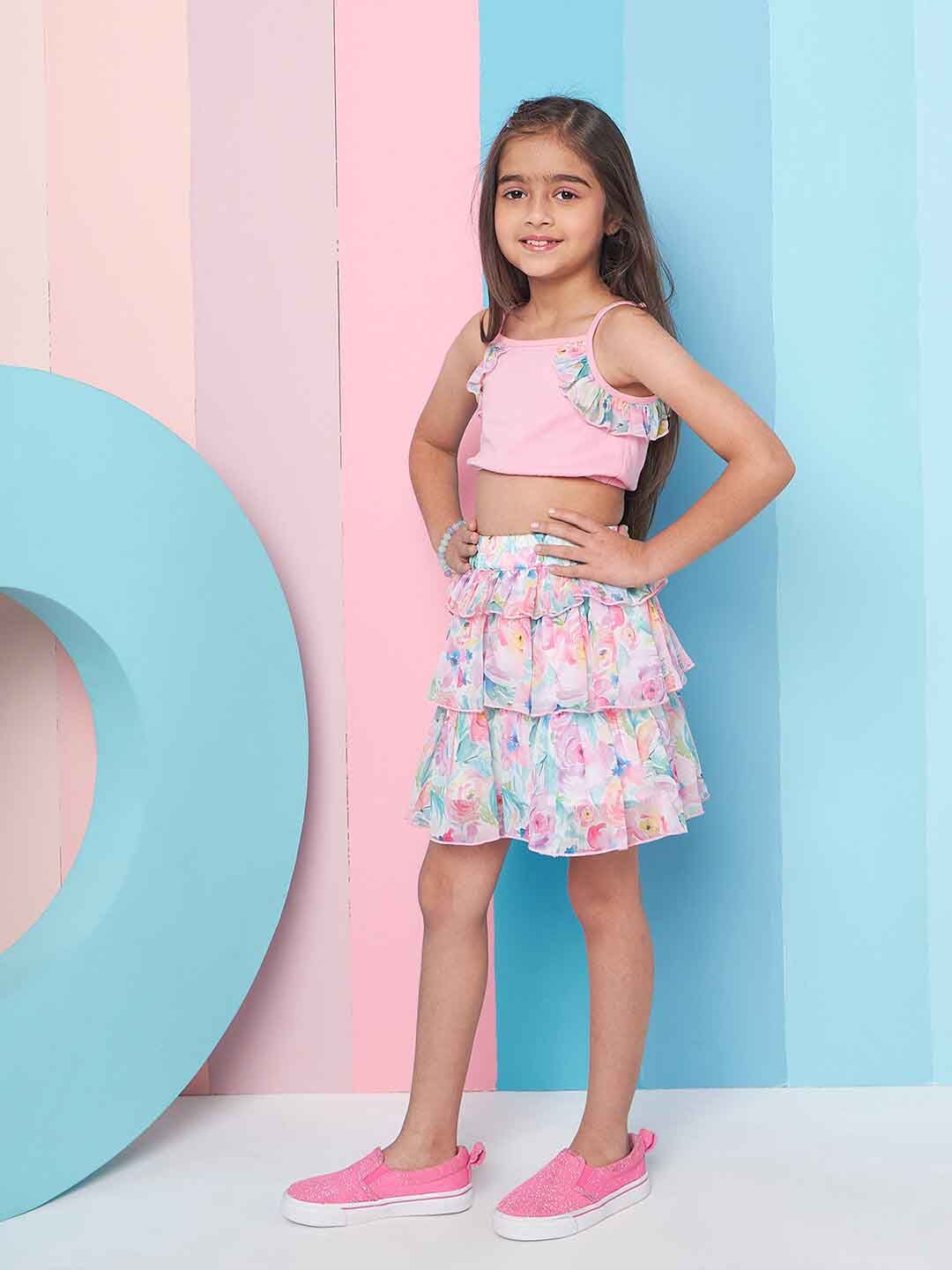 pspeaches Girls Round Neck Ruffled Top with Skirt