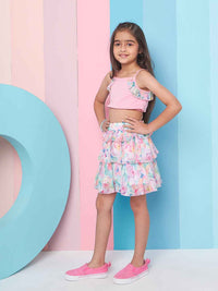 pspeaches Girls Round Neck Ruffled Top with Skirt