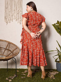 Berrylush Curve Women Floral Print Flutter Sleeve Fit & Flare Midi Dress