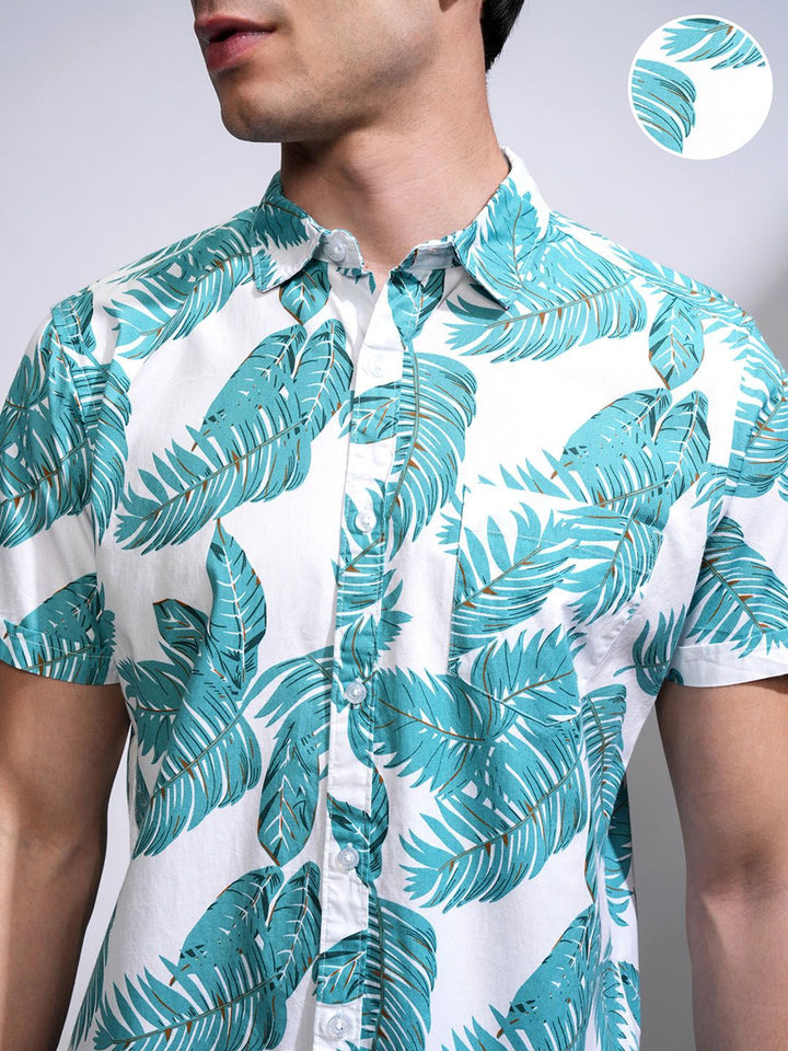 HIGHLANDER Men White & Green Slim Fit Printed Casual Shirt