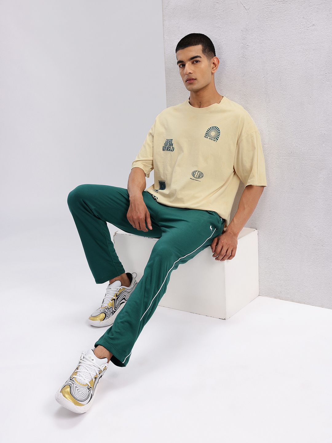 HRX by Hrithik Roshan Printed Drop-Sleeves Pure Cotton Oversized Lifestyle T-shirt