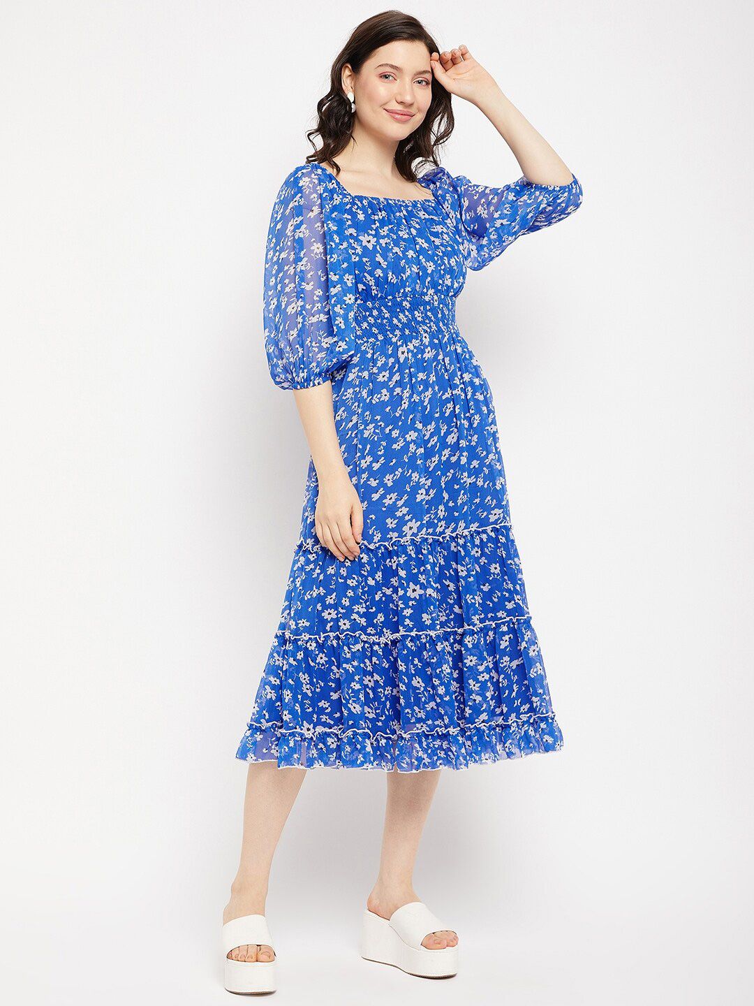 Antheaa Square Neck Floral Printed Smocked Tiered Chiffon Fit & Flare Midi Dress