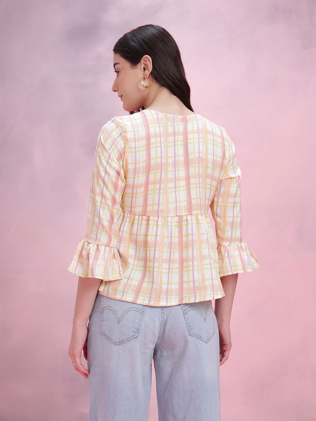 DressBerry Checked Tie-Up Neck Bell Sleeve Top