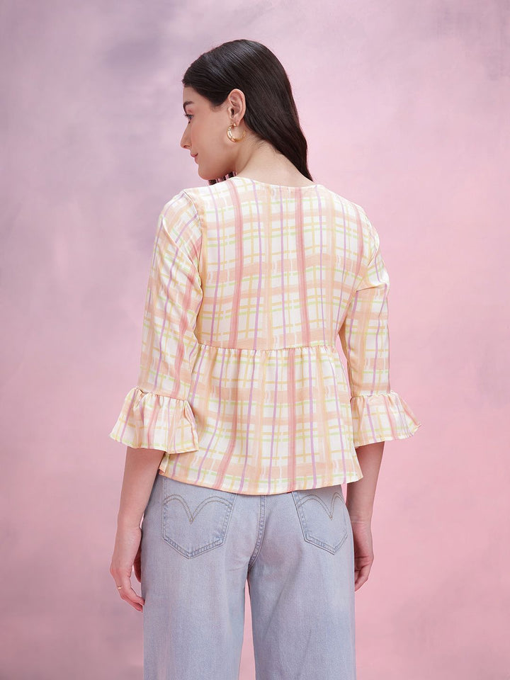 DressBerry Checked Tie-Up Neck Bell Sleeve Top