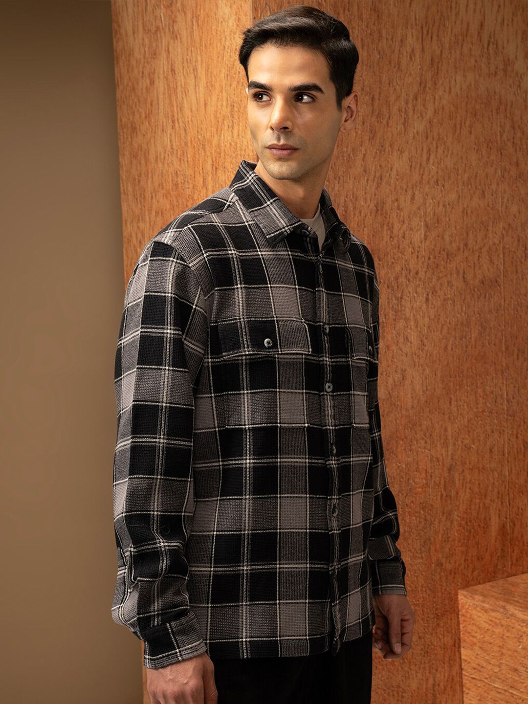 LOCOMOTIVE Premium Oversized Waffle Dobby Textured Checked Utility Pocket Overshirt