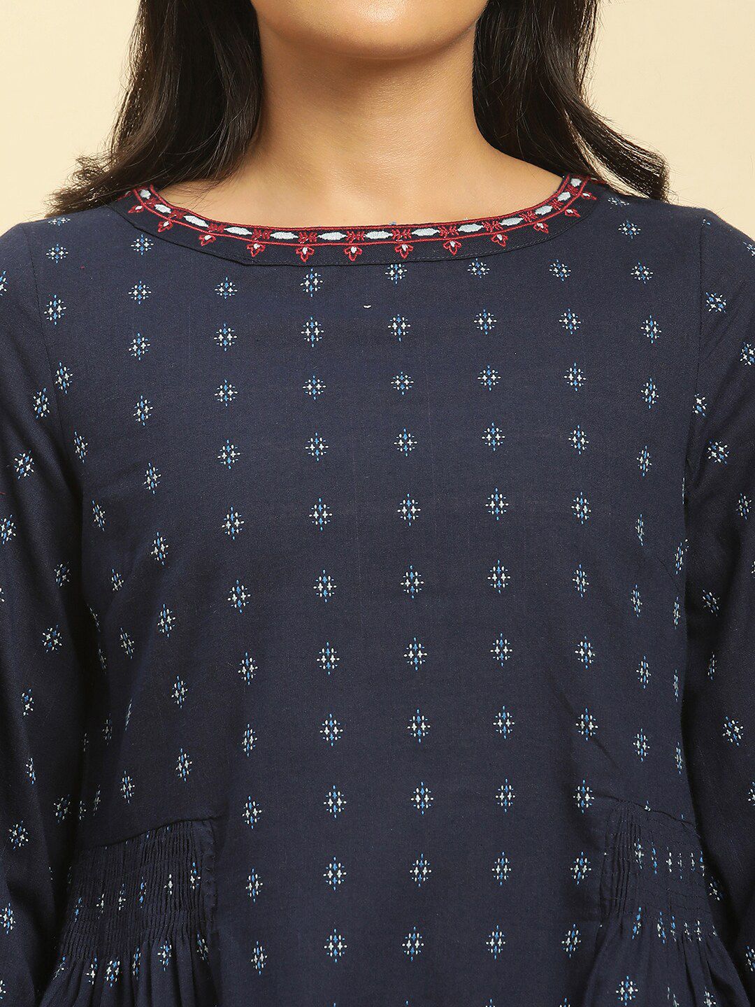 W Ethnic Motifs Printed Puff Sleeves Cotton Peplum Top