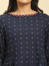 W Ethnic Motifs Printed Puff Sleeves Cotton Peplum Top