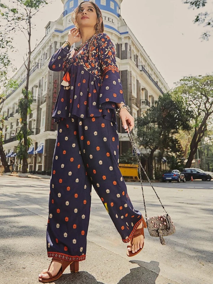 Rustorange Women Floral Printed Empire Kurti with Palazzos