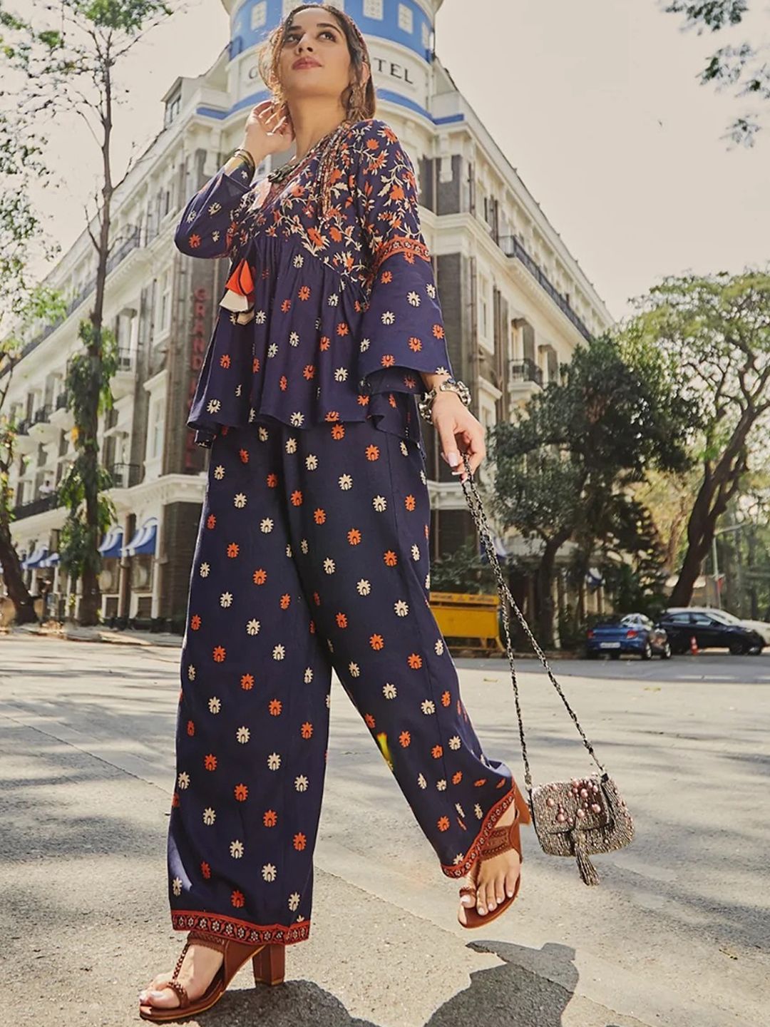 Rustorange Women Floral Printed Empire Kurti with Palazzos