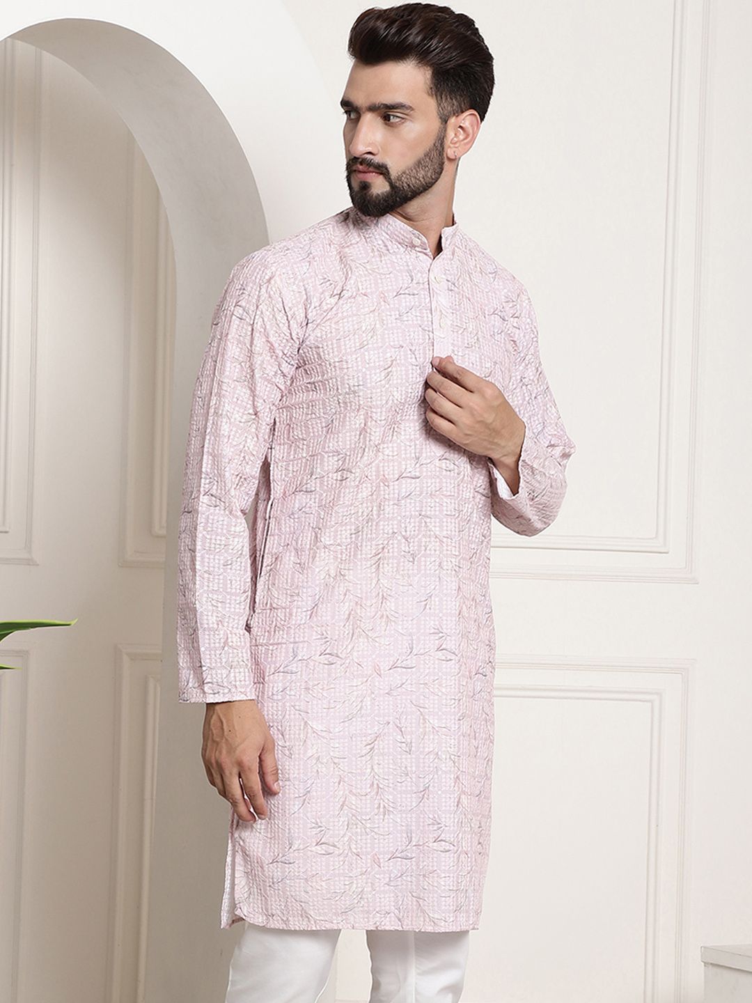 SOJANYA Men Pink Thread Work Kurta