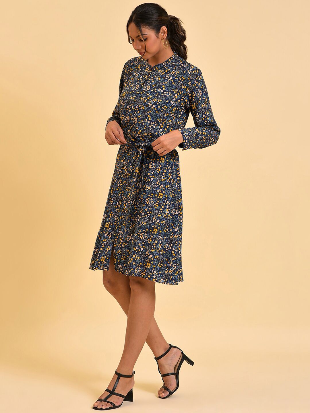 W Blue Floral Printed A-Line Dress With Belt