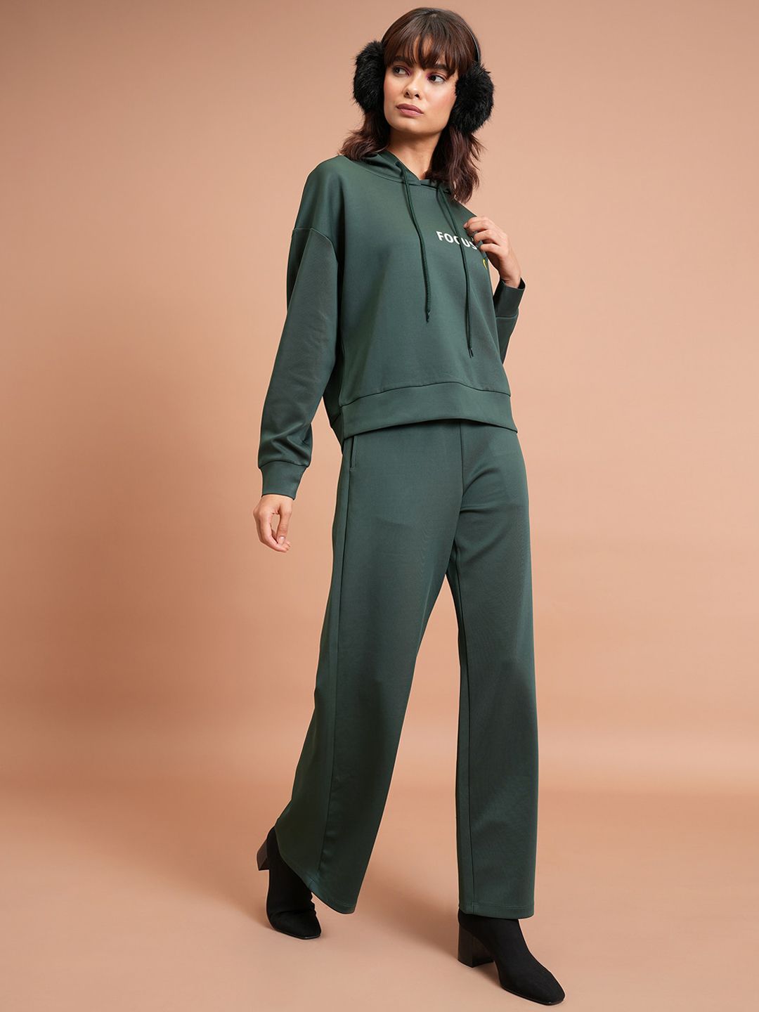 Tokyo Talkies Typography Printed Relaxed Fit Hooded Sweatshirt With Wide Leg Trousers