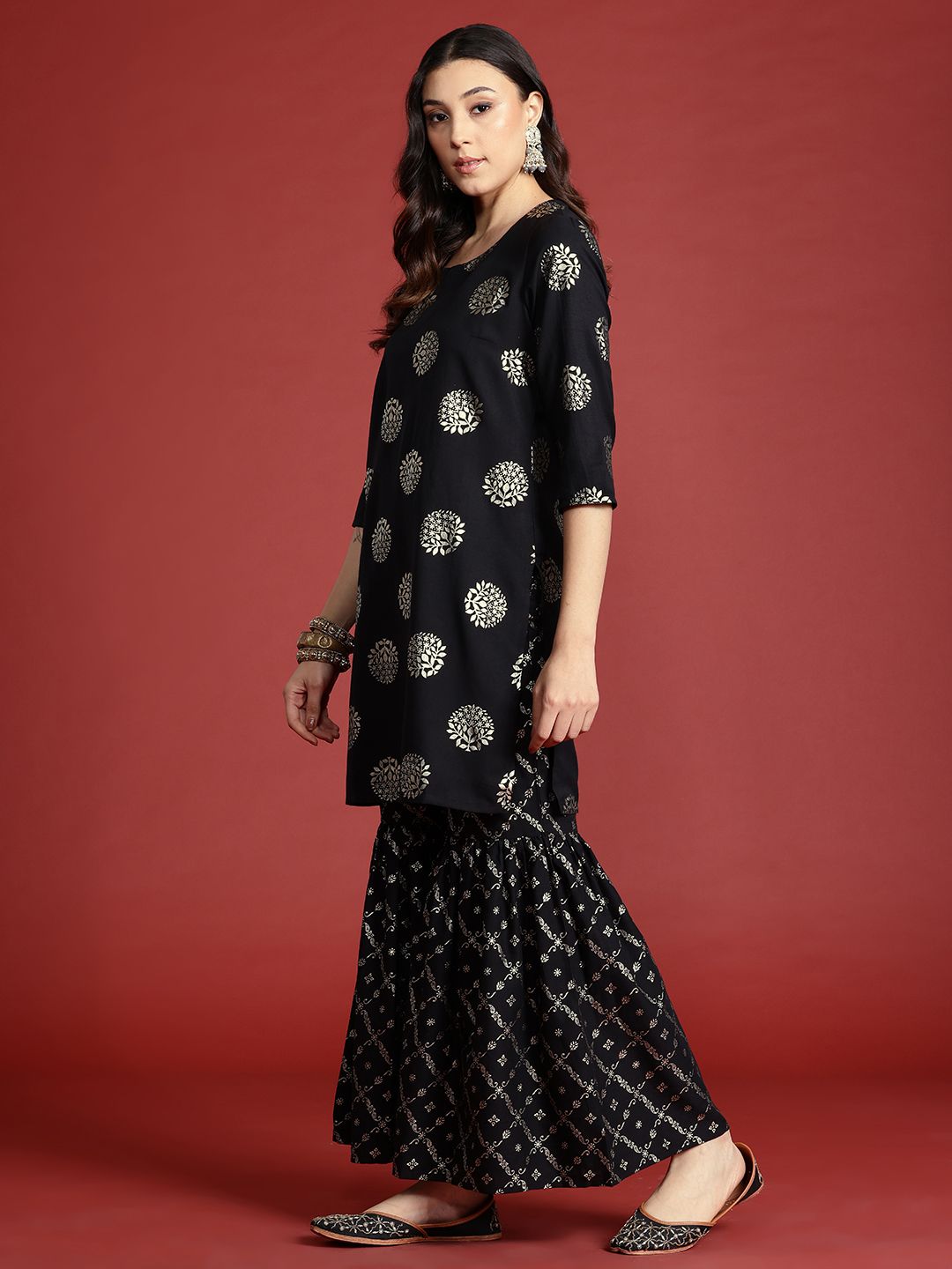 Anouk Tyohaar Foil Print Kurta with Sharara & Dupatta
